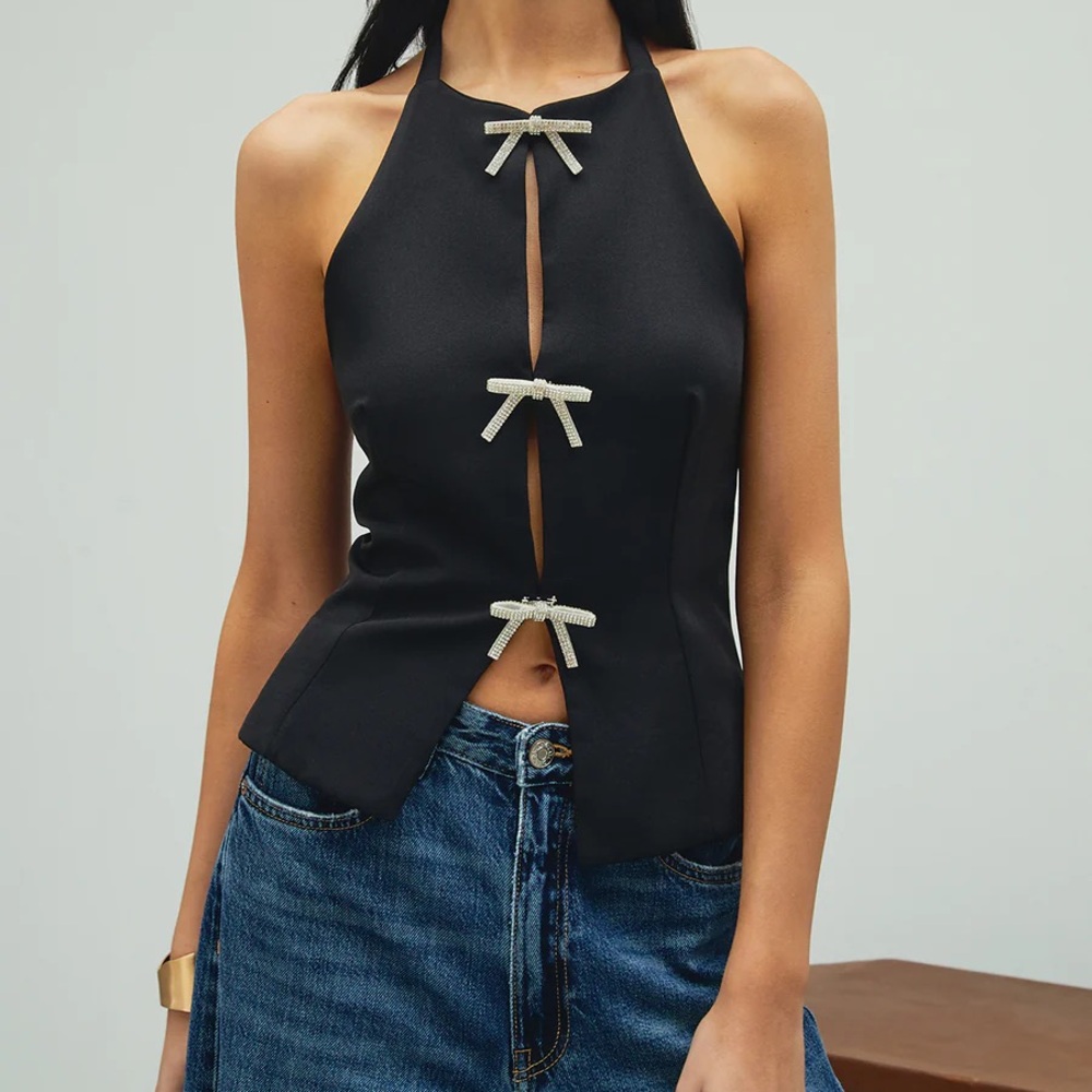 Commense Rhinestone Bow Decor Halter Tank Top